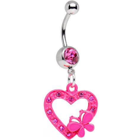 Stainless Steel Pink Sparkling Butterfly Heart Dangle Belly Ring Feminine Core, Dermal Piercing Jewelry, Thigh Jewelry, Pretty Piercings, Cute Belly Rings, Pretty Items, Belly Piercings, Bellybutton Piercings, Belly Button Piercing Jewelry