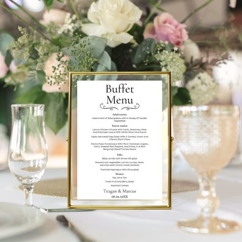 ">Introducing our editable wedding buffet menu sign template with buffet menu table cards included. This product is perfect for couples who want to add a touch of personalization to their wedding reception. With this template, you can easily create a beautiful and elegant buffet menu sign that matches your wedding theme. The template is fully editable and customizable, which means you can change the fonts, colors, and wording to suit your preferences. You can also include your names, wedding date, and any other details you want to add to make the sign more personal. In addition to the buffet menu sign template, this product also includes buffet menu table cards. These cards can be placed on each table so that guests can easily identify the dishes that are being served. The table cards are Buffet Style Menu Cards, Wedding Menu Cards Buffet, Menu For Wedding Buffet, Buffet Table Signs, Buffet Wedding Menu Card, Wedding Table Setting For Buffet Dinner, Wedding Table Menu Ideas, Wedding Buffet Menu Sign, Wedding Food Menu Sign