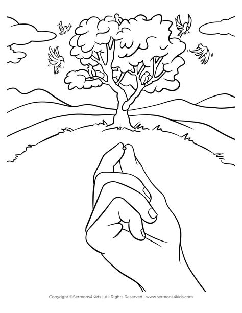 Parable Mustard Seed | Children's Coloring Page from Sermons4Kids.com... Parable Of The Mustard Seed Coloring Page, Parable Of The Mustard Seed Activities, Mustard Seed Faith Craft Free Printable, Faith Like A Mustard Seed Craft, Mustard Seed Coloring Page, The Mustard Seed Parable, Mustard Seed Art, Mustard Seed Craft, Parable Of The Mustard Seed Craft