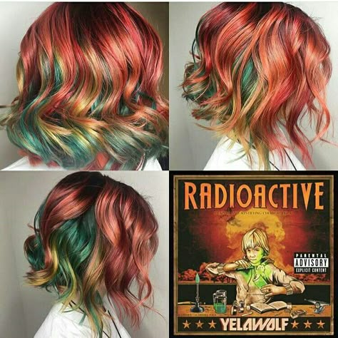 @IIIannaIII Vibrant Color Hair Ideas, Shades Of Green Hair Color, Fun Copper Hair, Copper And Rainbow Hair, Multi Colored Hair Ideas, Copper And Green Hair, Copper And Blue Hair, Unnatural Hair Color Ideas, Hair Competition