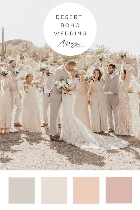 Fall Desert Boho Wedding - the perfect boho wedding flowers for a fall Arizona desert wedding with Cloth and Flame in Gold Canyon. Fresh flowers in a neutral palette of white, taupe, blush, and a hint of a sandy tan color. Blush bridesmaid dresses. Wedding flowers were seen in the bridal bouquet, bridesmaid bouquets, ceremony circle arch arrangements, and boutonniere. Photos by Kaylee Chelsea Photography. Ceremony Circle Arch, Cloth And Flame, Taupe Wedding Colors, Beach Wedding Color Palette, Ceremony Circle, Desert Boho Wedding, Champagne Color Palette, Floral Color Palette, Fall Desert