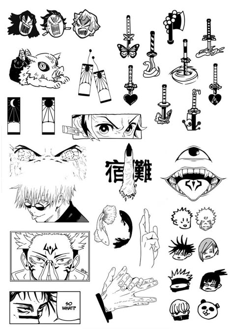 Small Anime Tattoos Ideas Simple, Classic American Tattoos Black And White, Shinigami Eyes Tattoo, Anime Patch Work Tattoos, Megumi Divine Dogs Tattoo, Jjk Tattoos Ideas, Patchwork Tattoo Anime, Anime Themed Tattoos, Demon Slayer Tattoo Ideas Minimalist Tattoo Anime, Anime Tattoo, Tattoo Design Book, Tattoo S, Anime Tattoos, Tattoo Design Drawings, Design Drawings, Tat Ideas, Pretty Tattoos