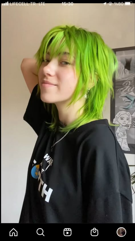 Green Mullet, Lime Green Hair, Blue Hair Aesthetic, Green Wolf, Neon Green Hair, Yellow Hair Color, Dark Green Hair, Hair Colour Design, Hair And Makeup Tips