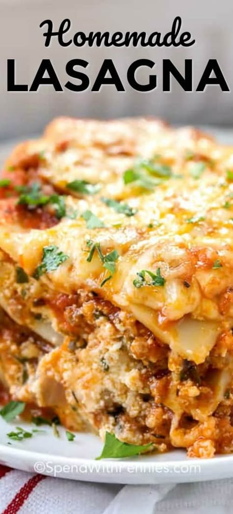 This easy homemade lasagna recipe is a classic, and one of our family favorites. All you need is a side salad and garlic bread for the perfect meal! #spendwithpennies #lasagna #homemadelasagna #italianlasagna #easylasagna #classiclasagna Easy Lasagna Recipe With Ricotta, Homemade Lasagna Recipe, Easy Homemade Lasagna, Homemade Lasagna Recipes, Lasagna Recipe With Ricotta, Classic Lasagna Recipe, Best Lasagna Recipe, Easy Lasagna Recipe, Homemade Lasagna