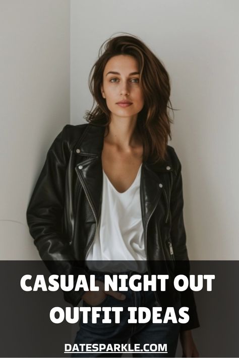 Woman in a leather jacket and white shirt promoting casual night out outfit ideas. Cute Outfits For Night Out Casual, Boyfriend Jeans Date Night Outfit, Outfits To Wear To A Bar Night, Night Out In Your 30s Outfit, Classy Casual Date Night Outfit, Evening Outfits For Women Going Out, Casual Girls Night Out Outfit Ideas, Dinner Date Night Outfit Casual, Dressing Up Jeans For Night Out