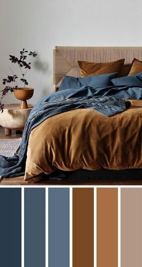 Bedroom Colour Schemes, Warm Bedroom Colors, Blue Bedroom Colors, Terracotta Bedroom, Navy Blue Bedrooms, Bedroom Colour, Warm Color Schemes, Warm Bedroom, Bedroom Colour Palette