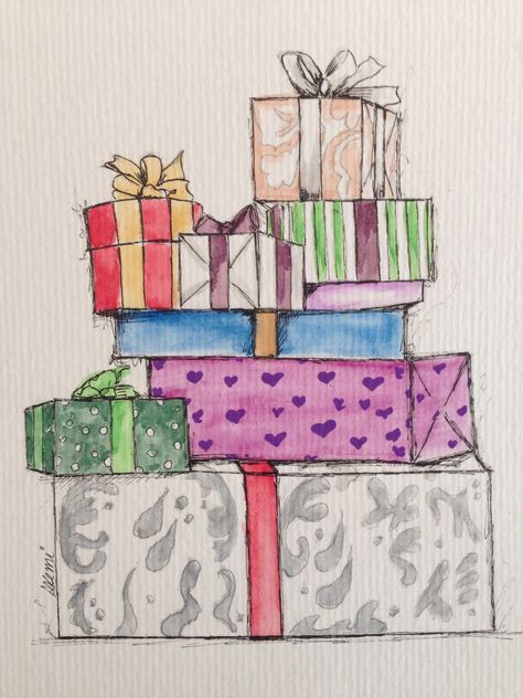 Pile Of Presents Drawing, Christmas Presents Drawing, Birthday Present Drawing, Watercolor Presents, Presents Drawing, Christmas Present Drawing, Christmas Gift Drawing, Present Drawing, Xmas Drawing