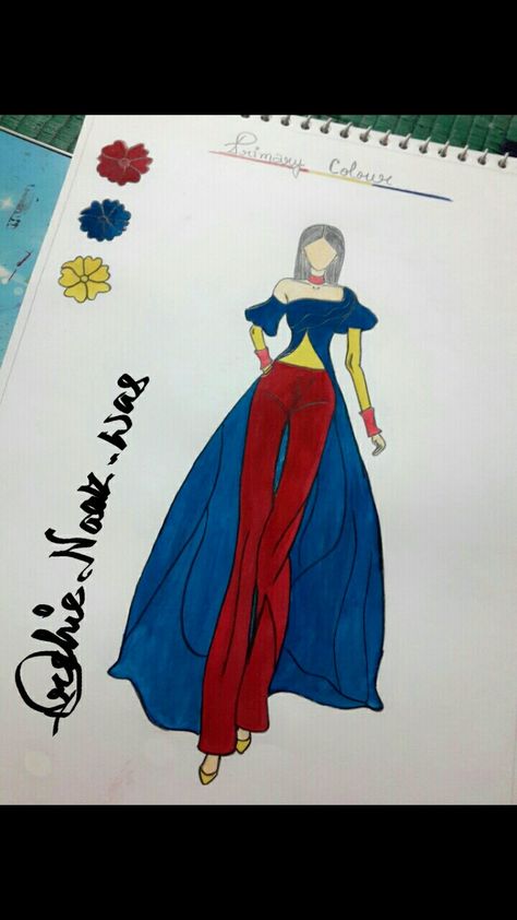 Fashion sketch, using primary colour Primary Colors Drawing Art Projects, Primary Colors Drawing, Secondary Color Wheel, Double Complementary Colors, Dress Illustration Design, Bride Fashion Illustration, Animal Anime, Color Theory Art, Fashion Design Classes