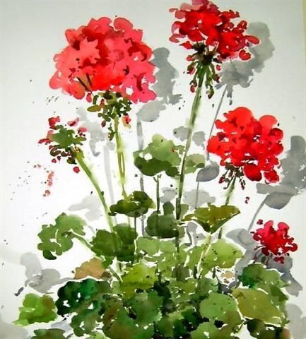 Cindy Parker | WATERCOLOR | Geranium Stems Watercolor Geraniums, Red Geraniums, Watercolour Flowers, Watercolor Pictures, 수채화 ��그림, Watercolor Flowers Paintings, Watercolor Inspiration, Water Painting, Arte Floral