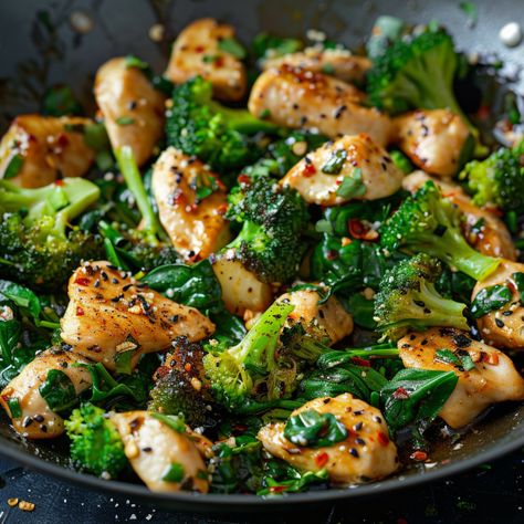 Garlic chicken with broccoli and spinach recipe Chicken Garlic Spinach Recipes, Chicken And Spinach Instant Pot, Chicken And Broccoli Recipes Healthy Low Carb, Spinach Recipes With Chicken, Ww Chicken Spinach Recipes, Brocolli Meal Ideas, Chicken Broccoli Spinach Recipe, Chicken And Broccoli Diet Plan, Meals To Make With Spinach