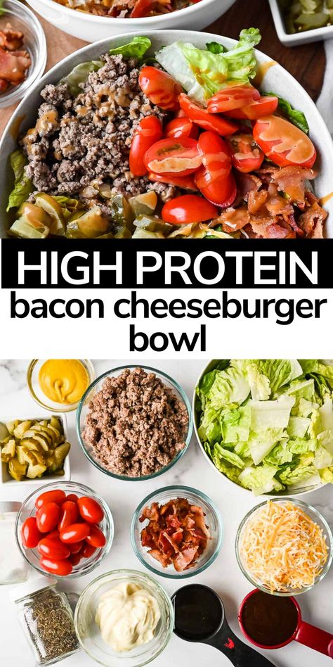 Bacon cheeseburger bowls are a lighter way to enjoy a fast-food favorite! Our cheeseburger bowl recipe can be made low-carb, keto, and gluten-free, and is ready to eat in less than 15 minutes! Cheeseburger Bowl Recipe, Keto Cheeseburger Bowl, Hamburger Bowls Low Carb, Low Carb Lunch Fast Food, Cheeseburger Bowls, Keto Burrito Bowl, Cheeseburger Bowls Low Carb, High Protein Cheeseburger Bowl, Cheese Burger Bowl Meal Prep