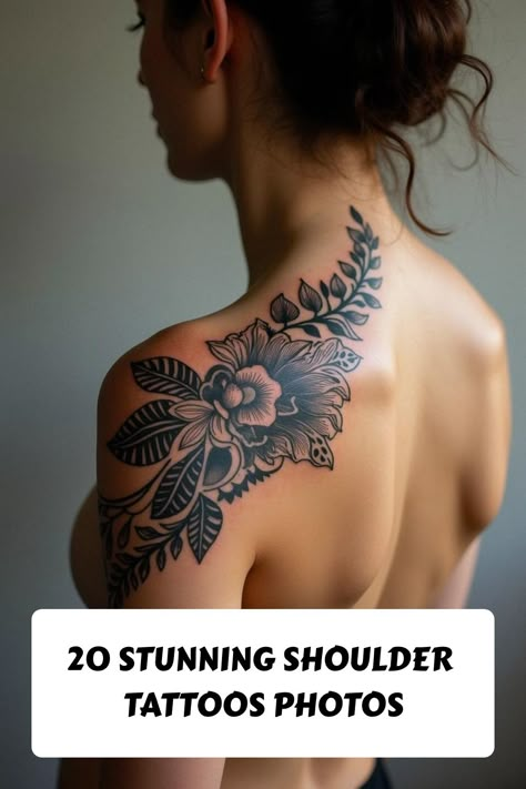 20 Stunning Shoulder Tattoos Photos Back Shoulder Neck Tattoo, Women’s Front Shoulder Tattoo, Women’s Shoulder Cap Tattoo, Should Cap Tattoo Women, Women’s Shoulder Blade Tattoo Ideas, Shoulder To Back Tattoo, Large Upper Back Tattoo Women, Cover Up Tattoos Shoulder, Shoulder Tats For Women Half Sleeves