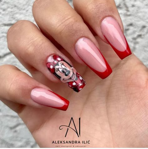 Minnie And Mickey Mouse Nails, Nails With Minnie Mouse, Miney Mouse Nails, Nails With Mickey Mouse, Minnie Mouse Inspired Nails, Cringe Nails, Minnie Mouse Nails Pink, Minnie Mouse Nails Acrylic, Nail Miki Maus