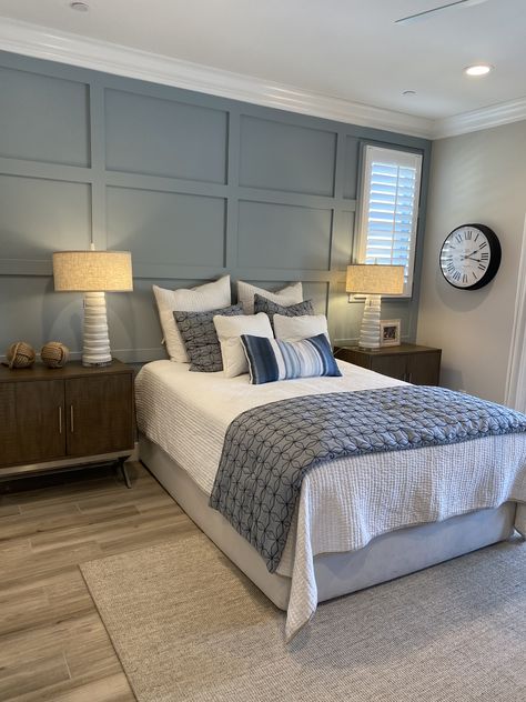 Bedroom Remodel Ideas. Board & Batten Wall in SW Stardew w/ SW Pure White Trim and SW Agreeable Gray Blue Gray Board And Batten Wall, Focus Walls Bedroom, Agreeable Gray With Blue Accent Wall, Accent Color With Agreeable Gray, Accent Wall In Grey Bedroom, Slate Gray Accent Wall Bedroom, Accent Wall For Agreeable Gray, Panneling Rooms Bedroom Blue, Blue Gray Board And Batten