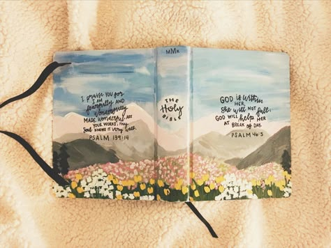 Custom Hand painted bible #bible #journaling #mountains #flowers Painted Bible Mountains, Bible Painting Ideas, Painted Bible Cover Ideas, Bible Painting Cover, Evil Bible, Bible Paintings, Hand Painted Bible Cover, Bible Painting, Custom Bible Cover