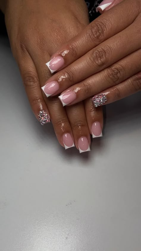 French Tip With Gems Rhinestones, French Tip With Rhinestones, Acrylic Nail Set, Back To School Nails, Pink Ombre Nails, Girly Acrylic, Nails Coffin Short, Colored Acrylic Nails, Colored Acrylic