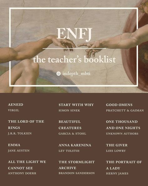 Enfj Books To Read, Enfj Books, Enfj Reading List, Enfj Booklist, Mbti Booklist, Infj Booklist, Enfj Personality Aesthetic, Enfj Playlist, Enfj Movies