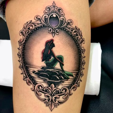 Mermaid Mirror Tattoo, Ariel Tattoo The Little Mermaid, Aerial Tattoo, Disney Tattoos Ariel, Little Mermaid Tattoo Ideas, The Little Mermaid Tattoo, Saints Tattoo, Disney Tattoo Ideas, Ariel Tattoo