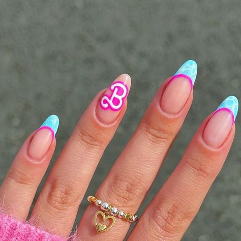 Barbie Blue Nails, Hot Pink Blue Nails, Barbie Nails Ideas, Malibu Barbie Nails, Barbie Theme Nails, Cool Pink Nails, Ken Nails, Barbie Nails Short, Barbie Themed Nails