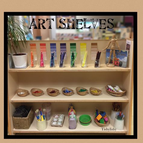 Art shelves in our FS2 classroom Montessori Classroom Layout, Reception Classroom, Reggio Emilia Classroom, Reggio Inspired Classrooms, Eyfs Classroom, Reggio Classroom, Early Years Classroom, Montessori Art, Preschool Classroom Decor