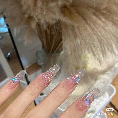 Clear Hello Kitty Nails, Douyin Clear Nails, Uwu Nails, Clear Glitter Acrylic Nails, Douyin Nails, Clear Glitter Nails, Nails Collection, Blue Glitter Nails, Clear Acrylic Nails