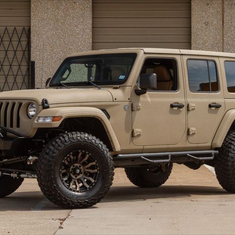 Our Gobi Tan Starwood #SignatureFinish compliments this Custom Jeep Wrangler build superbly along with BF Goodrich tires, Fuel Off-road wheels, Evo MFG 3.5" lift kit and #customleather interior! #starwoodmotors #starwoodcustoms #customjeep #starwoodjeep Tan Jeep Wrangler, Jeep Wrangler Tires, Jeep Wrangler Wheels, Silverado 4x4, Jeep Concept, Jl Wrangler, Jeep Interiors, Jeep Decals, Custom Jeep Wrangler