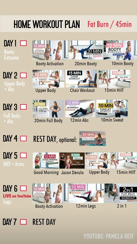 Week-long Pamela Reif YouTube video 45 minute workout plan Planning Sport, 20 Min Workout, Home Workout Plan, Intense Ab Workout, Youtube Workout, Weekly Workout Plans, Sweat Workout, Best Cardio Workout, Online Fitness