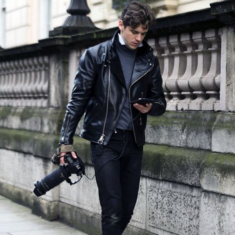 Photographer Photoshoot With Camera Men, Camera Man Aesthetic, Leather Jacket Street Style, Photographer Outfit, Profile Photography, Brian Jones, Leather Jacket Men Style, Photography History, Creative Fashion Photography