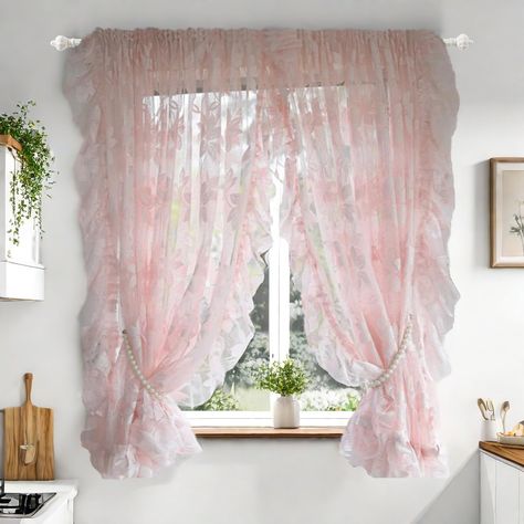 PRICES MAY VARY. 【Pink Floral Ruffle Curtains Package】 Includes 2 ruffle lace sheer curtains. ( it's better for the curtain's width be 1.5-2 times of the window's width) 【Rod Pocket Top Sheer Voile Panel for Living Room】Default Curtain Top is Rod Pocket , Suitable for Rods Diameter in 2.9'' . These Pink Floral Curtains Allow Natural Light To Flow Through The Room And Soften The Glare. A Breathable Design Will Liven Up Your Indoor Or Outdoor Spaces With A Sense Of Airiness And Beauty. 【Home Decor Victorian Drapes, Girls Bedroom Lighting, Bedroom Chic, Pink Sheer Curtains, Curtain Living Room, Roman Curtains, Ruffle Curtains, Cute Curtains, Daughter Bedroom