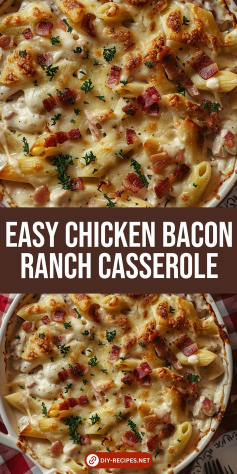 Try this easy Chicken Bacon Ranch Casserole recipe! With pasta, chicken, bacon, and cheese, it's a delicious meal for the whole family. Healthy Dinner Recipes With Bacon, Easy Chicken Bacon Ranch Pasta Casserole, Chicken Bacon Cheese Casserole, Chicken Bacon Ranch Noodles, Leftover Bacon Recipes Dinners, Recipes With Cooked Bacon, Chicken Bacon Ranch Pasta Easy, Weekly Supper Ideas, Chicken Bacon Cheese Recipes