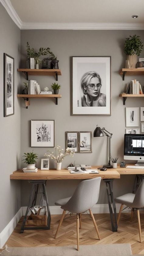 Working Area Design Home, Working Room Design Small Spaces, Home Office Wood Floor, Work From Home Interior, Small Office Ideas With Storage, Small Office Craft Room Combo, Small Office Lighting, Small Cozy Home Office, Small Work Space Ideas