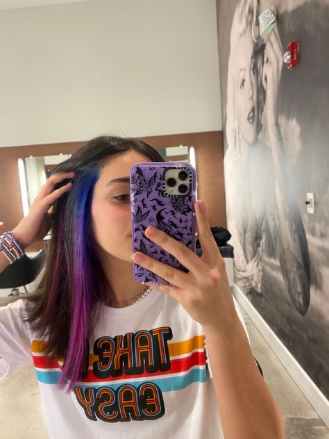 Blue Purple Peekaboo Hair, Pink And Blue Underneath Hair, Pink And Purple Hair Peekaboo, Pink And Blue Hair Streaks, Under Layer Dyed Hair, Peekaboo Purple Hair, Dark Bayalage, Peekaboo Hair Color Brunettes, Blue Peekaboo Hair