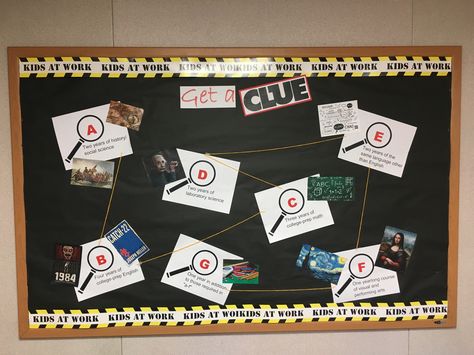 A - G California state university college requirements. Clue visual representation of requirements. Classroom bulletin board. High school. Middle school. Board game. Teen center. Clue Game Door Decoration, Clue Game Bulletin Board, Classroom Clue Game, Clue Game Bulletin Board Ideas, Mystery Bulletin Board, Detective Bulletin Board, Mystery Bulletin Board Ideas, Detective Bulletin Board Ideas, Clue Game Decorations