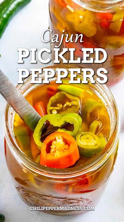 I make a lot of pickled peppers in the Chili Pepper Madness kitchen, and with good reason. First, my garden explodes with peppers every year. Pickling your peppers is the perfect way to preserve them so you can enjoy them throughout the year. A twist on your favorite pickled peppers recipe that incorporates your favorite Cajun seasoning blend into the brine. Pickled hot peppers are delicious. Works with any type of chili peppers. Let's spice things up! Pickled Peppers Recipe Canning, Pickle Peppers, Pickled Peppers Recipe, Sweet Hot Pickles, Buzzfeed Recipes, Canned Venison, Cajun Seasonings, Vegetarian Feast, Pickled Sweet Peppers