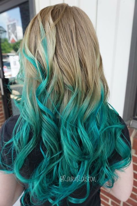 vibrant teal ombre #Pravana Blonde To Teal Ombre, Blonde Hair With Teal Tips, Turquoise Hairstyles, Blonde And Teal Hair, Turquoise Hair Dye, Turquoise Hair Ombre, Teal Ombre Hair, Olivia Hair, Blone Hair