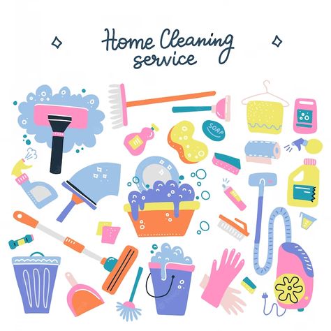 Premium Vector | Hand drawn cleaning service tools concept. cleaning equipment symbols. Woman Character, Lettering Download, Fantasy Rooms, Character Vector, House Cleaning Services, Cleaning Business, Service Women, Vector Cartoon, Disney Coloring Pages