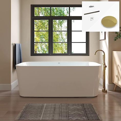 FerdY Maui 67" Acrylic Freestanding Bathtub, Contemporary Elegant Design Soaking Tub with Polished Gold Drain and Minimalist Linear Design Overflow, Easy to Install - Amazon.com Freestanding Bathtub Ideas, Elegant Bathtub, Bathtub Modern, Bathtub Ideas, Beautiful Bathtubs, Stand Alone Tub, Walk In Bathtub, Bathroom Luxury, Tub Bathroom