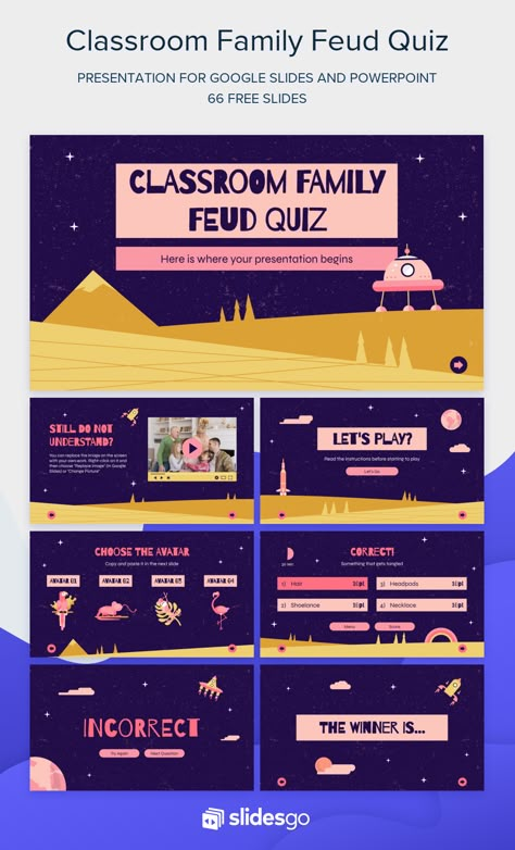 Have family fun with this interactive game template and galaxy-inspired design. Download it for Google Slides and PowerPoint. Quiz Powerpoint Template, Interactive Educational Games, Quiz Game Design, Quiz Template Design, Interactive Illustration, Powerpoint Quiz Template, Game Presentation, Interactive Powerpoint Presentation, Classroom Family