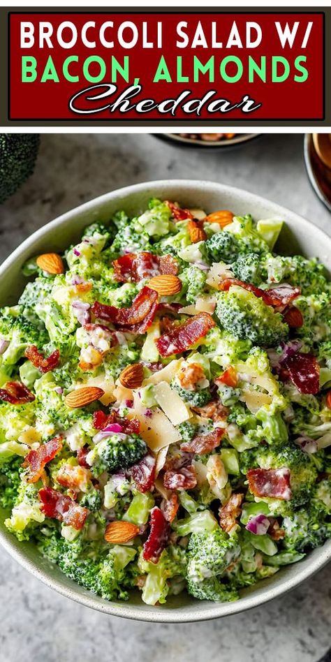 Looking for a unique salad? This Broccoli Salad with Bacon, Almonds, and Cheddar hits all the notes: crunchy, savory, and a little creamy. It’s perfect as a side dish for BBQs or a simple lunch! 🧀🌰 #CheddarCheese #LowCarbSalad #FreshEats #DeliciousSides Broccoli Salad With Bacon, Creamy Broccoli Salad, Unique Salad, Broccoli Salad Bacon, Delicious Vegetarian Recipes, Fresh Eats, Creamy Broccoli, Flavorful Meals, Simple Lunch