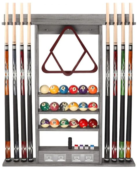 The billiard cue rack holds up to 8 pool cues with rubber rings to protect your pool cues from scratches; the pool cue rack bottom has an inset score counter for easy scoring; three layer grooves can store a full set of pool balls in place and keep them neatly arranged. Billiard Ball Racks, Cue Stick Holder, Game Room Accessories, Pool Cue Rack, 8 Pool, Pool Table Accessories, Billiards Game, Home Game Room, Pool Sticks