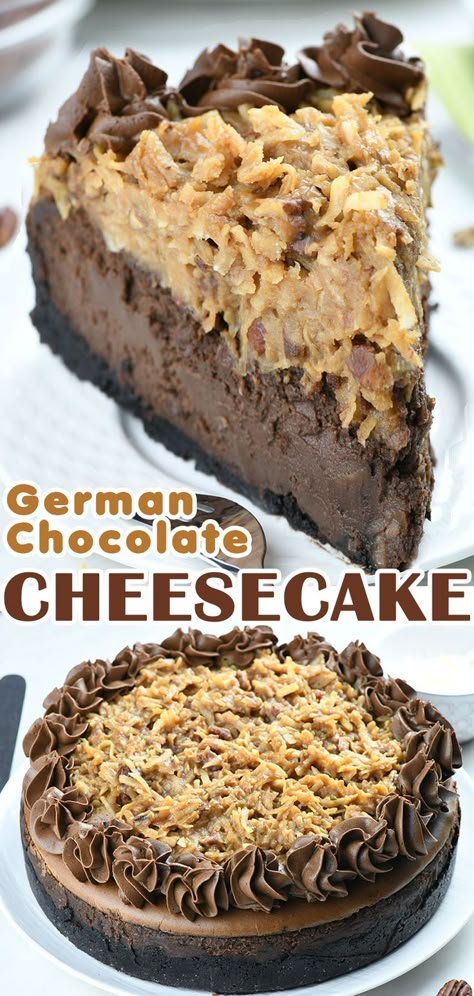 Bursting with chocolate flavor, smooth as silk, rich chocolate cheesecake paired with insanely delicious coconut pecan topping is such a treat! German Chocolate Mini Cheesecakes, German Choc Cheesecake, Crunch Chocolate Cheesecake, German Chocolate Cheesecake Cake, Million Dollar Cheesecake, Candy Cheesecake Recipes, Unique Cheesecake Ideas, Dinner Entrees Main Dishes, Egg Nog Cheesecake Recipe