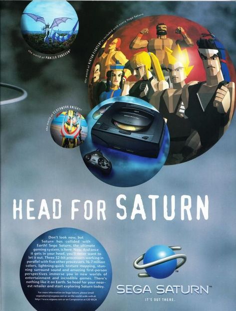 1995 print ad for the Sega Saturn console 90s Games, Sega Saturn, Let It Out, Texture Mapping, Retro Ads, 90s Nostalgia, Print Ad, Game Artwork, Print Ads