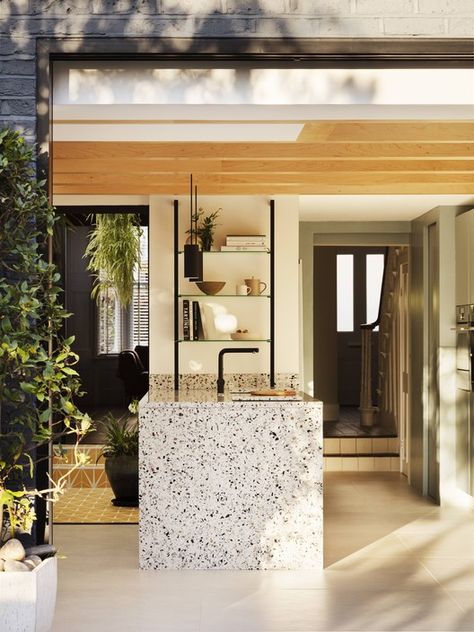 Gallery of House for a Gardener / Amos Goldreich Architecture - 11 White Terrazzo Kitchen, Glass Courtyard, London Terrace House, Terrazzo Kitchen, Mid Terrace House, Oak Cladding, Architecture London, White Wall Tiles, Kitchen Bench