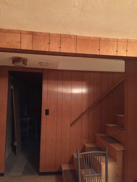 Basement Remodel Reveal - Jenna Kate at Home Chicago Basement Ideas, Basement Loft Ideas, Wood Paneled Basement Makeover, Decorating Stairwell To Basement, 1960s Basement Remodel, Wood Panel Basement Makeover, Wood Paneling Basement Makeover, Joanna Gaines Basement Ideas, Panel Basement Makeover