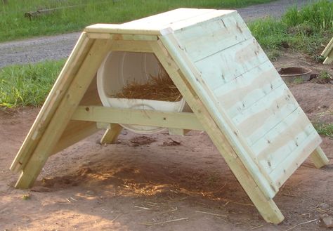 DIY, detailed plans, diagrams, and assembly instructions including pictures and printable downloads. The a-frame picnic table design was conceived by Chuck Gould of Isabella, MN. Barrel Dog House, Plywood House, Barrels Diy, Dog Crate Table, Build A Dog House, Diy Dog Crate, Landscape Timbers, Dog House Plans, Crate Table