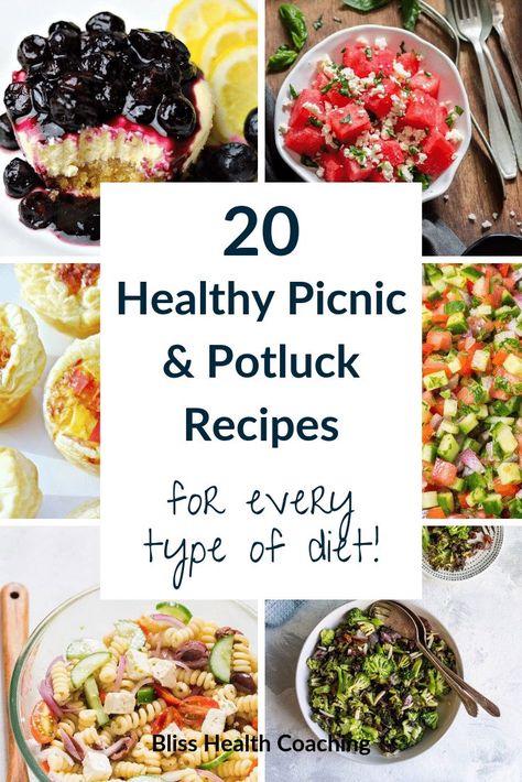 Healthy Picnic and Potluck Recipes for a Crowd -Do you need tasty recipes for your next picnic? These are some of the best crowd pleasing potluck and picnic recipes.  Bliss Health Coaching Potluck Recipes For A Crowd, Picnic Potluck Recipes, Broccoli Salad With Raisins, Healthy Potluck, Healthy Picnic, Picnic Potluck, Summer Picnic Food, Recipes For A Crowd, Picnic Recipes