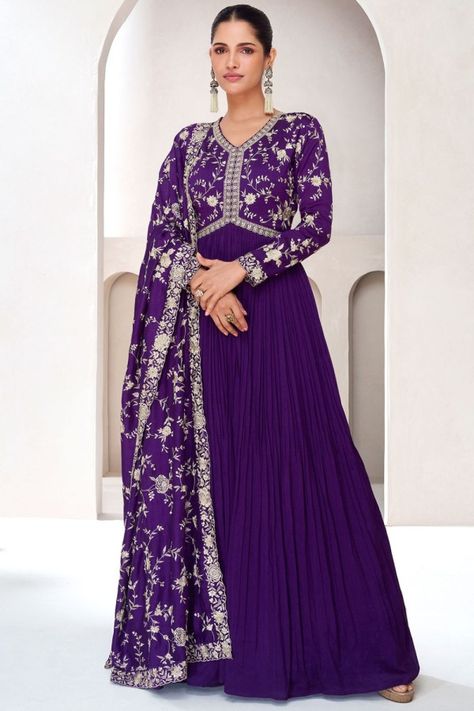 Violet Georgette Anarkali Gown with Embroidered Dupatta Anarkali Lehenga Gowns, Engagement Gown, Designer Sarees Wedding, Georgette Anarkali, Silk Anarkali, Anarkali Lehenga, Gown With Dupatta, Plus Size Gowns, Lehenga Style