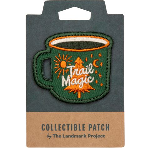 Inspired by the heartwarming tradition of giving without expecting anything in return, this intricately embroidered patch features a camp cup brimming with coffee [or whisky] – a symbol of the warm connections made on the trail. Spread the magic of camaraderie and generosity, making every outdoor adventure a little more magical. Each patch has an iron on backing, making it easy to apply. Or for a less permanent application, use Landmark's Attach-A-Patch kit! Patch Size: Approximately 2.5" x 2.2" Camp Merch, Hiking Design, Landmark Poster, Camping Aesthetic, Merch Ideas, Work Inspiration, Patch Design, Graphic Arts, Embroidery Patches