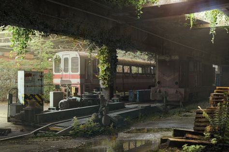 ArtStation - Abandoned Train Station, Zhexi Apocalypse Landscape, Abandoned Train Station, Abandoned City, Apocalypse World, Apocalypse Aesthetic, Post Apocalyptic Art, Old Train Station, Abandoned Train, Train Art