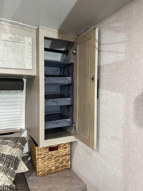 Rv Bedroom Closet Organization, Amazon Camper Finds, Camper Wardrobe Organization, Clothes Storage Camper, Trailer Bathroom Storage, Rv Laundry Hamper Ideas, Camper Bathroom Storage, Camping Clothes Storage, Rv Closet Storage Ideas